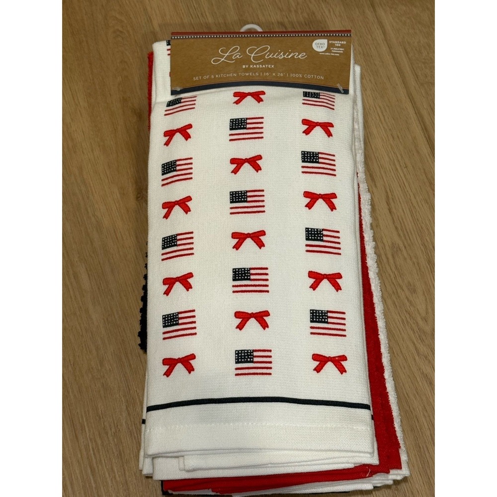 La Cuisine By Kassatex Patriotic July 4th 5pk COTTON Kitchen Towels Flags